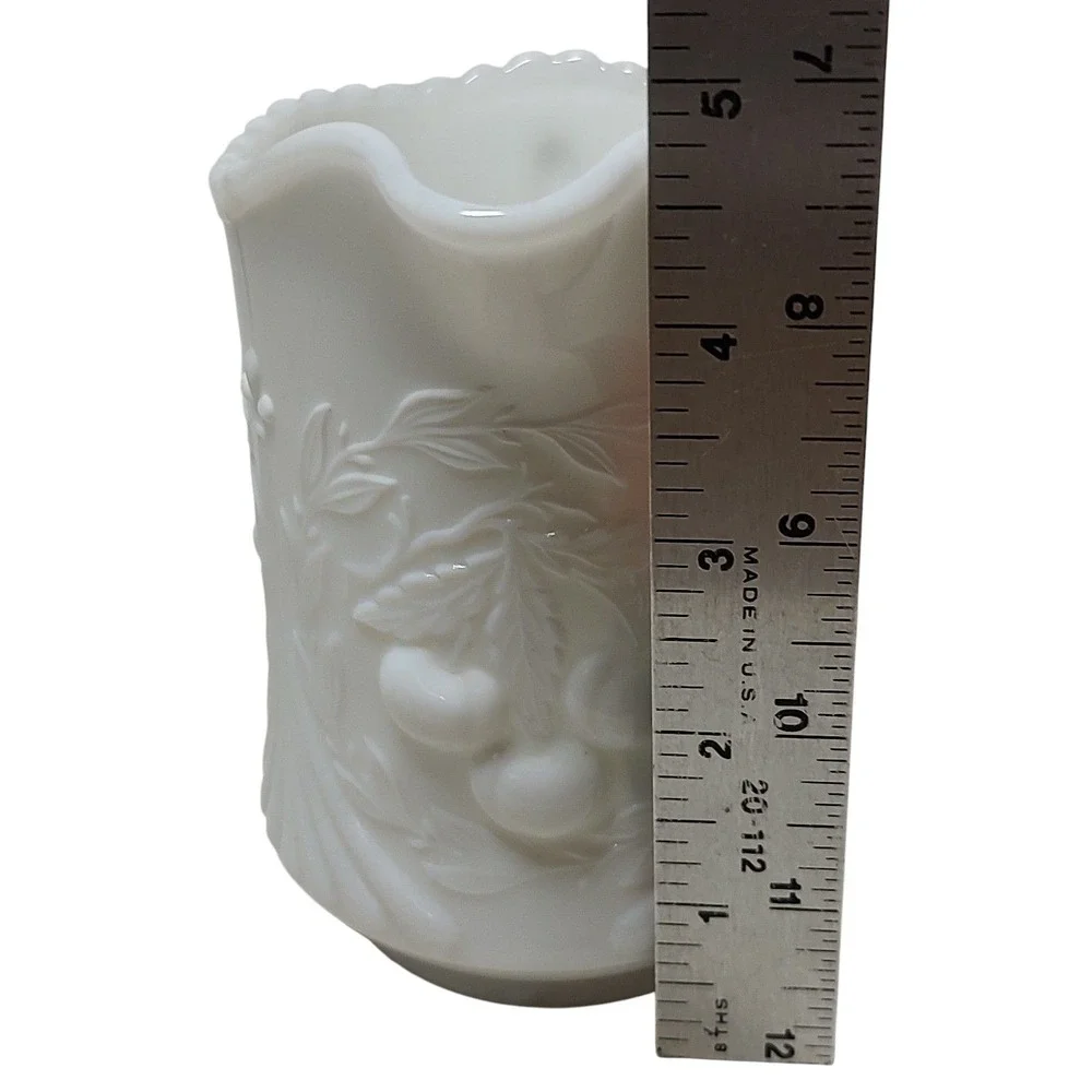 Vintage LG Wright Creamer White Milk‎ Glass Cherries Pattern Glass Pitcher Vase
